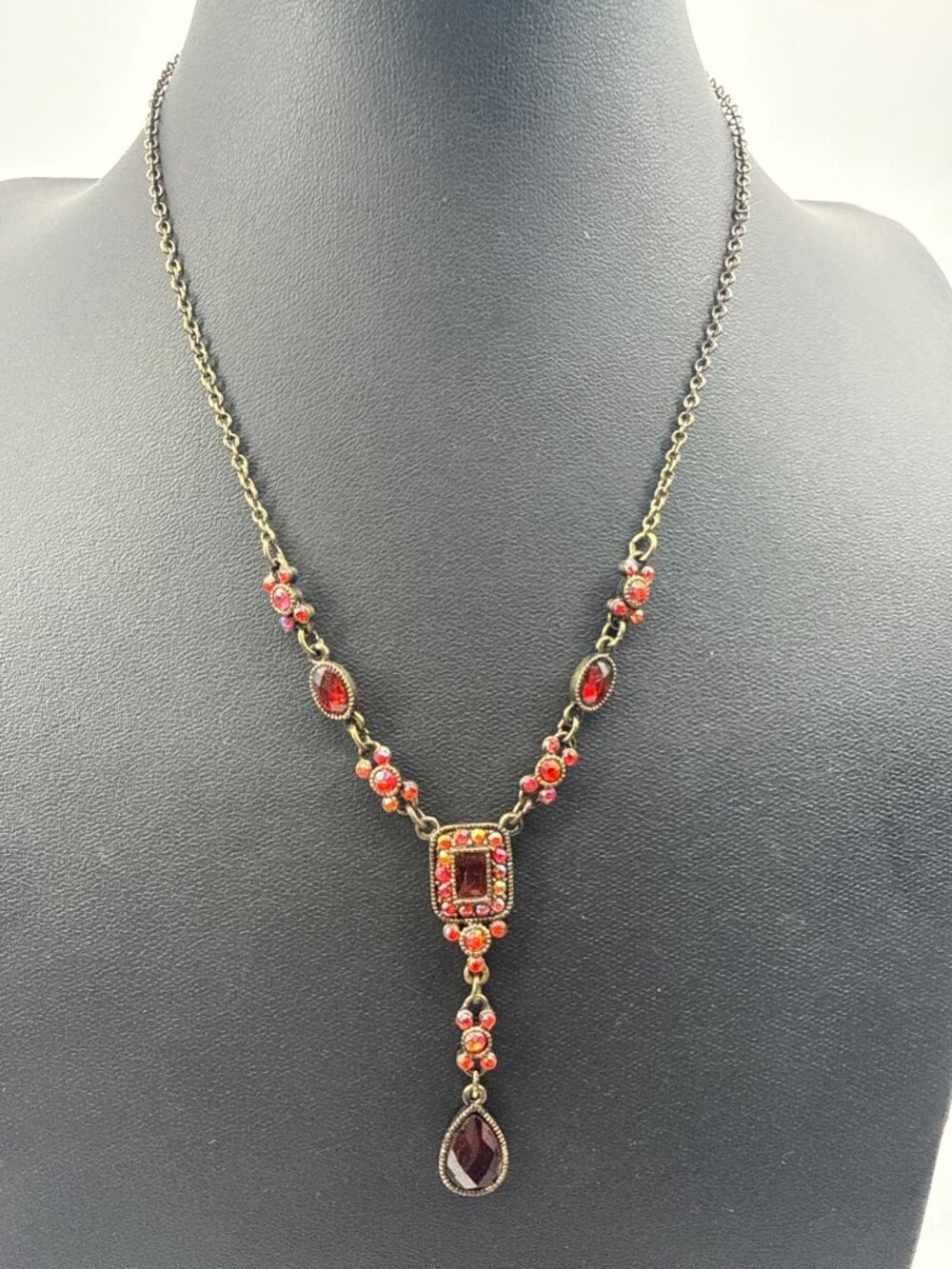 Vintage Avon Red Rhinestone Drop Necklace Gothic Whimsigoth Boho Brass Coquette